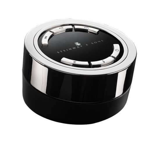 Steinway Lyngdorf Remote Control, chrome, The iconic Steinway & Sons remote control for stereo and surround sound systems features a rotating wheel crafted from solid, gold-plated mounted on precision-machined Swiss bearings
