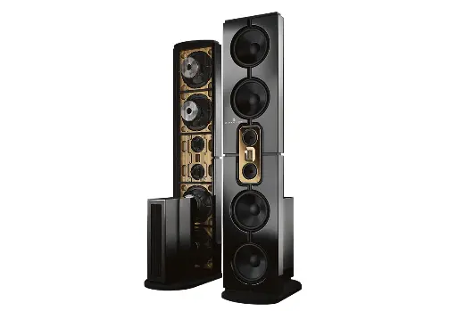 Steinway Lyngdorf Model D Black Lacquer with Matte Gold ring is a full range floor-standing dipole speaker which emits sound from both front and back