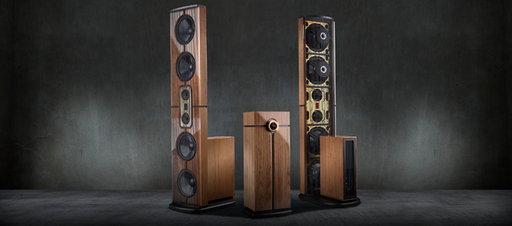 Steinway Lyngdorf Model D Hard wood with Gold/Ch ring  full range floor-standing dipole speaker which emits sound from both front and back. Unrestricted by the vibrations of conventional cabinets